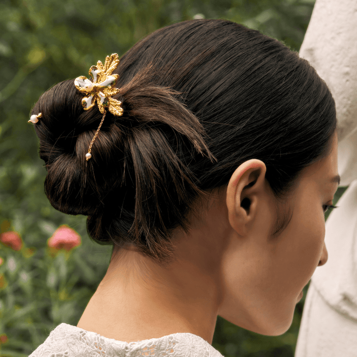 RISIS Vanda Limbata Hair Clip Pin with Citronella Leaves in 24K Swiss Gold and Palladium Silver with Freshwater Pearls