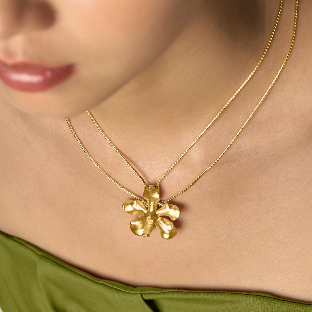 Vanda Limbata Orchid Long Slider Necklace in Gold