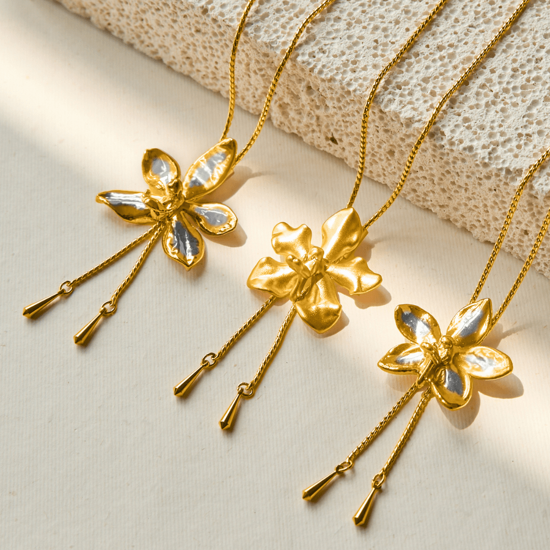 Vanda Limbata Orchid Long Slider Necklace in Gold