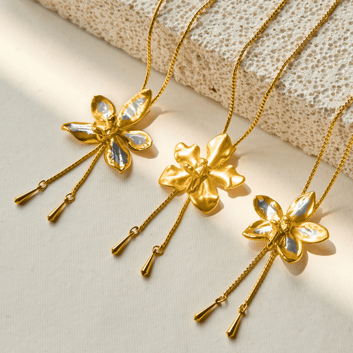 Vanda Limbata Orchid Long Slider Necklace in Gold