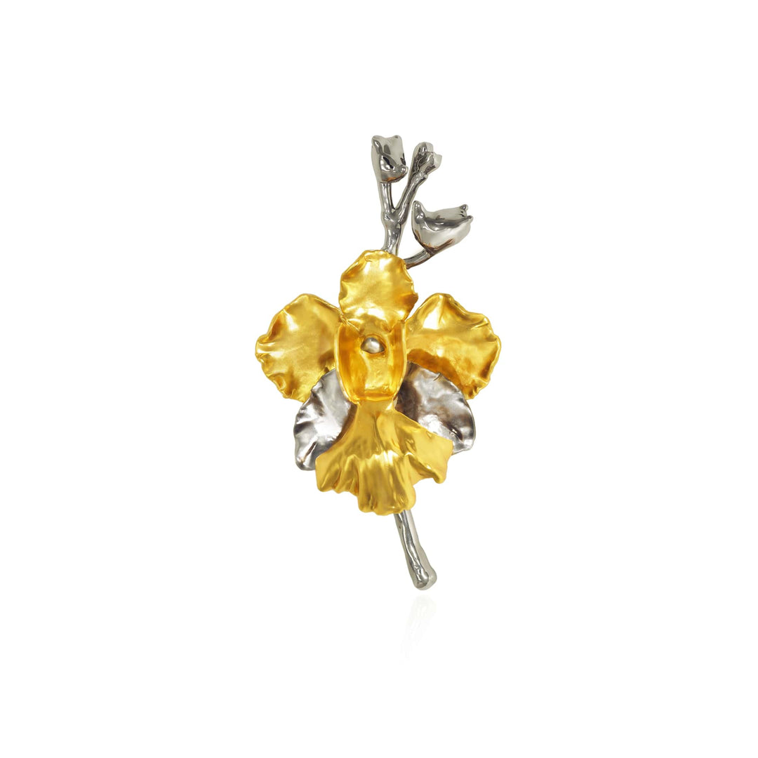 Risis Vanda Miss Joaquim Orchid Spray Brooch - A brooch shaped like a flower with gold and silver petals, featuring a realistic, textured design with a polished finish, suggesting delicate artistry.