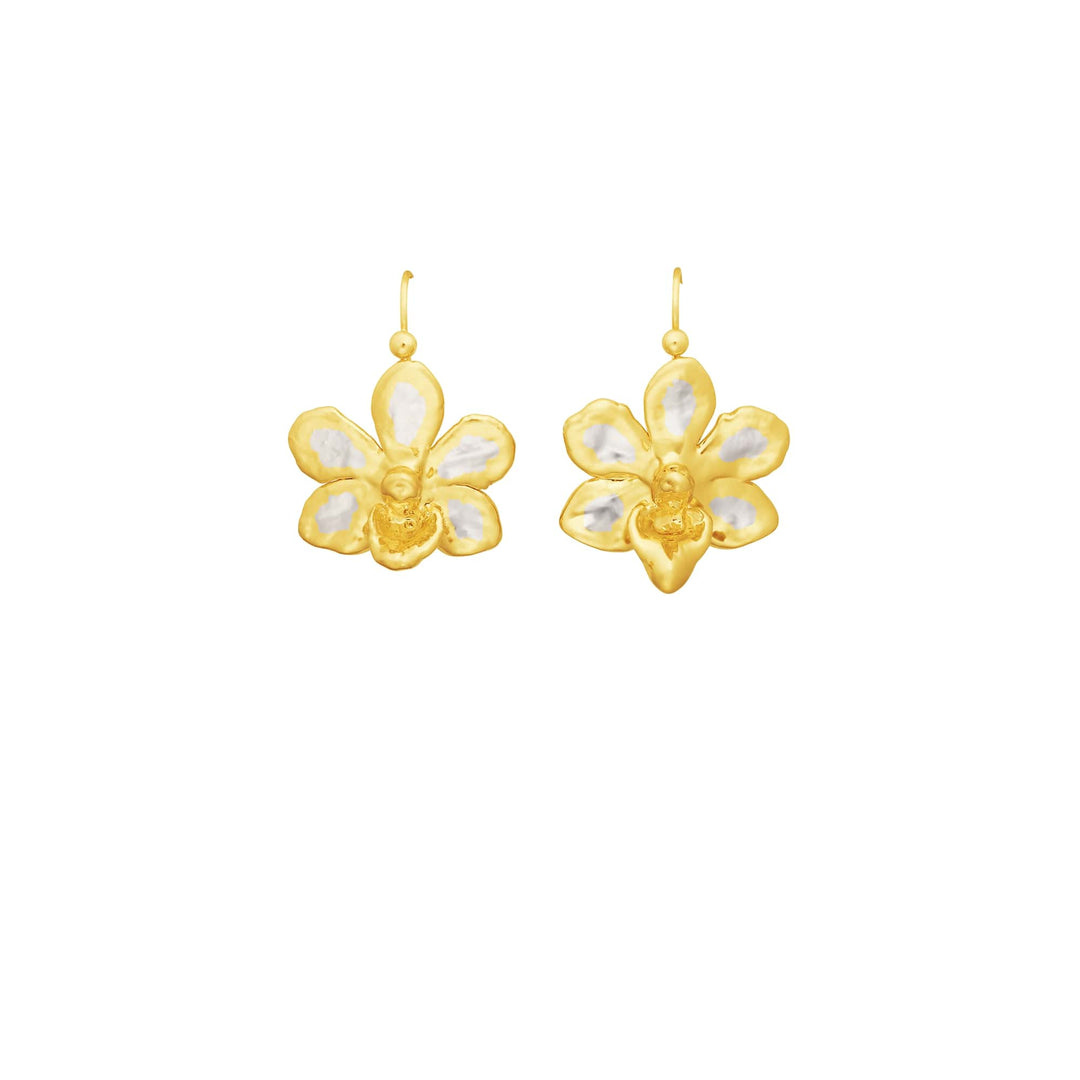 Risis Doritaenopsis Pulcherima Orchid Earrings - A pair of golden flower-shaped earrings with five glossy, iridescent petals each, hanging from simple hooks, exuding elegance and simplicity.