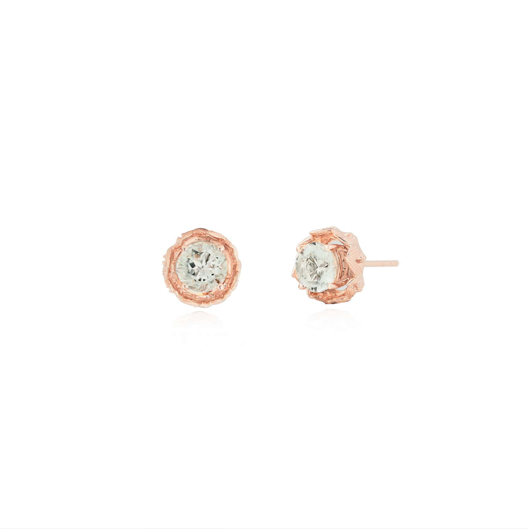 Risis Midori Earrings with Prasiolite (RG) - A pair of stud earrings featuring rose gold scalloped edges with central, faceted light green gemstones, exuding a delicate and elegant charm.