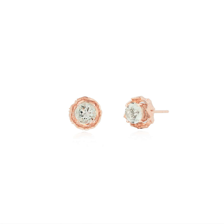 Risis Midori Earrings with Prasiolite (RG) - A pair of stud earrings featuring rose gold scalloped edges with central, faceted light green gemstones, exuding a delicate and elegant charm.