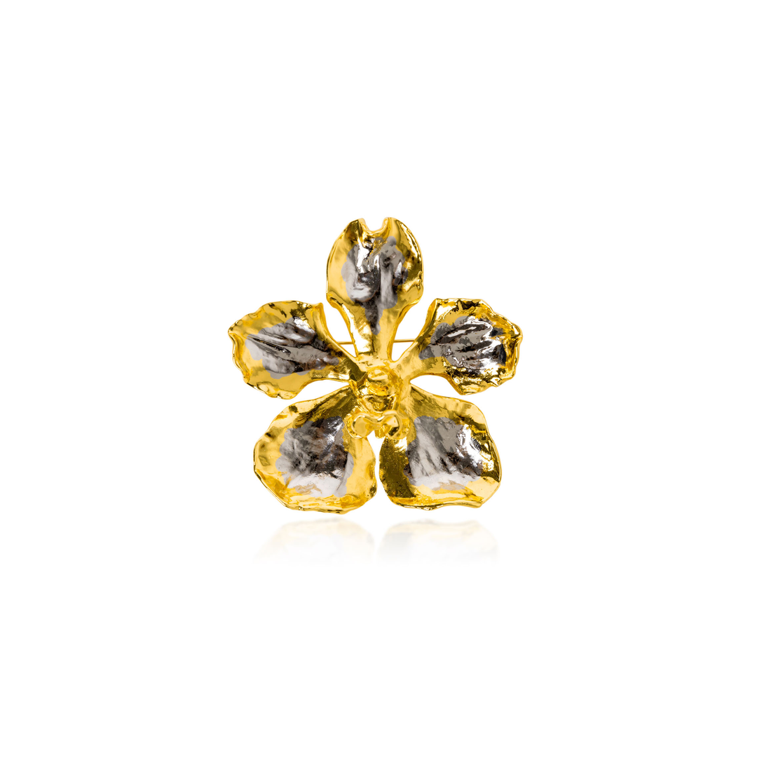 Risis Vanda Hybrid Orchid Brooch Pendant L3 Rhg - A golden five-petal flower pendant with glossy finish and delicate, textured details reflecting light.