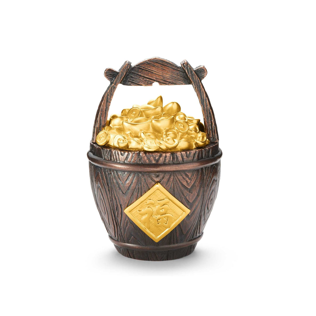 Risis Abundance Money Barrel - A decorative wooden-textured basket with a golden emblem, overflowing with sculpted golden coins, symbolizing prosperity.