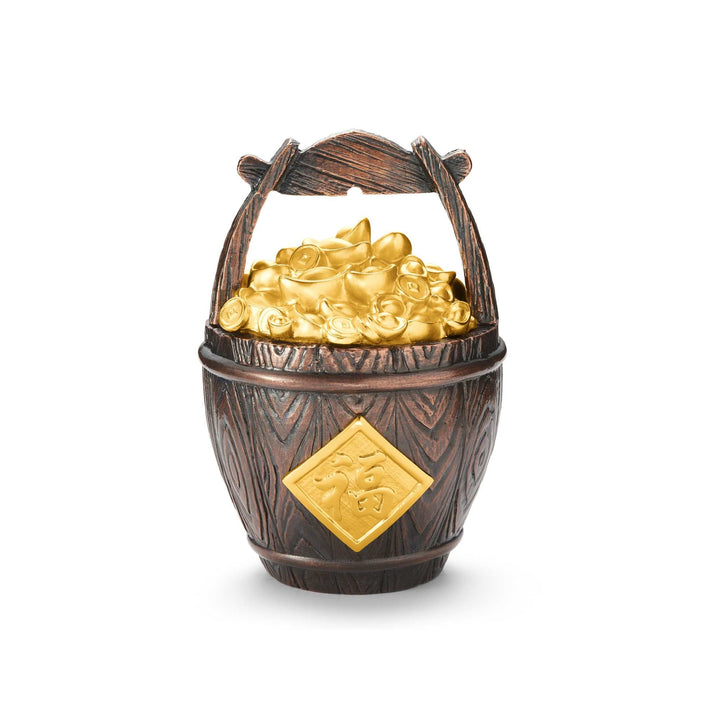 Risis Abundance Money Barrel - A decorative wooden-textured basket with a golden emblem, overflowing with sculpted golden coins, symbolizing prosperity.