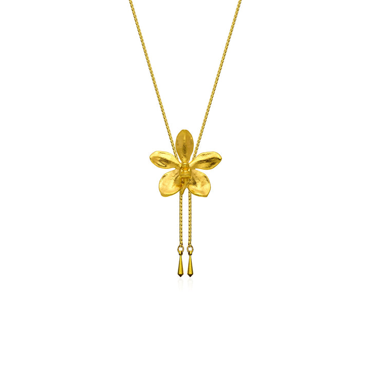 Risis Aeridovanda Vieng Ping Orchid Slider Necklace (G) - A golden necklace with a five-petal flower pendant, polished surface, and two delicate tassels hanging from the center.