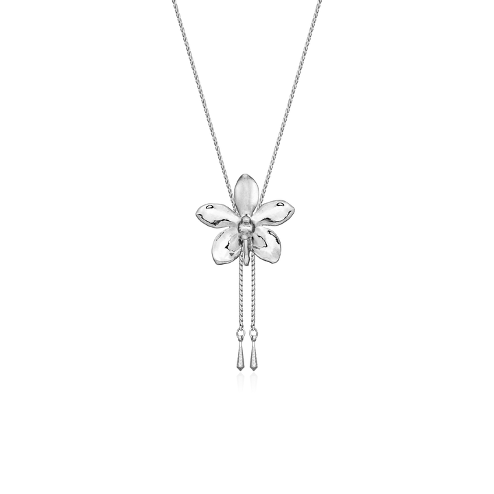 Risis Aeridovanda Vieng Ping Orchid Slider Necklace (P) - A silver necklace with a five-petaled, orchid-shaped pendant featuring a polished finish, accented by two slim tassels hanging from the floral center.