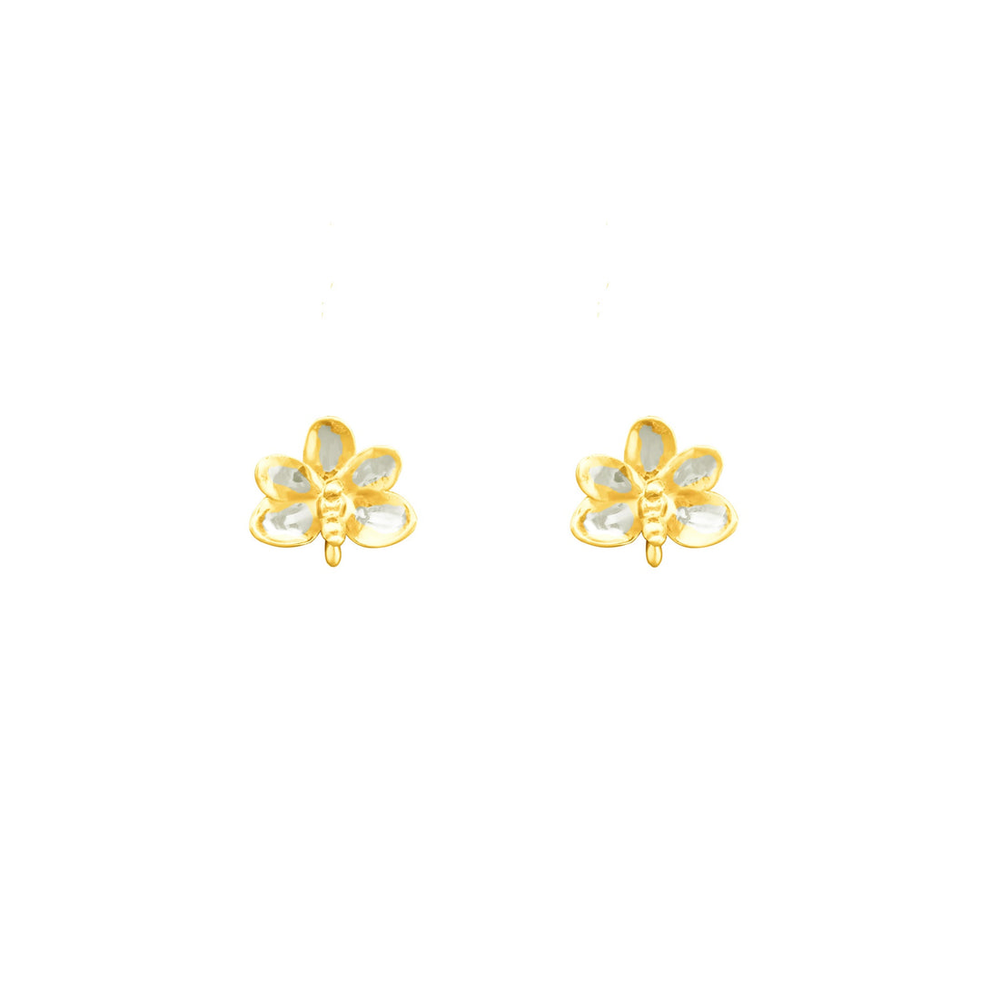 Risis Ascocenda Blossom Earrings - A pair of gold-tone flower-shaped earrings with translucent yellow petals, symmetrically arranged and reflecting light, creating a delicate and elegant appearance.
