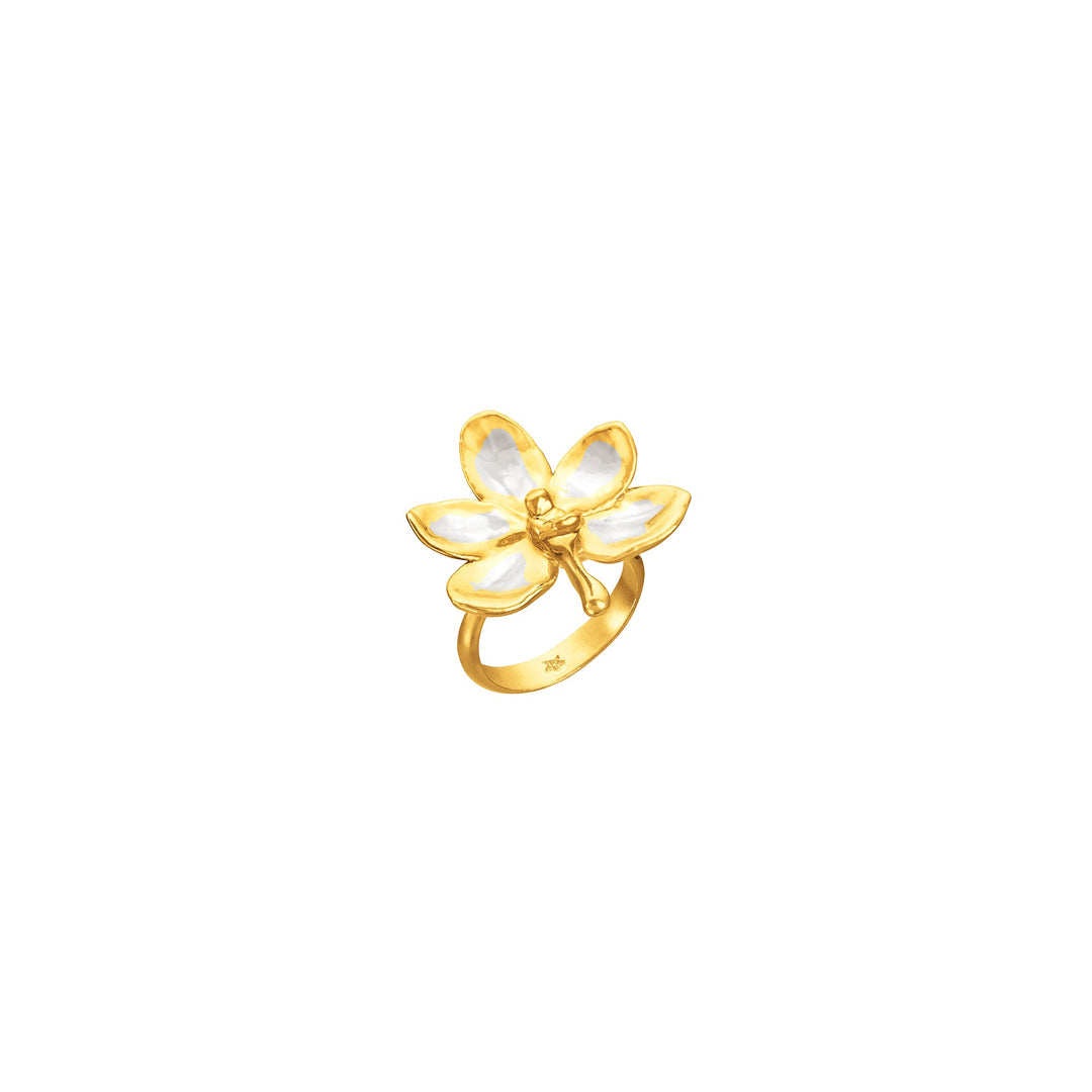 Risis Ascocenda Blossom Ring - A golden ring features a delicate, translucent flower with yellowish-petal accents, exhibiting an elegant and artistic design.