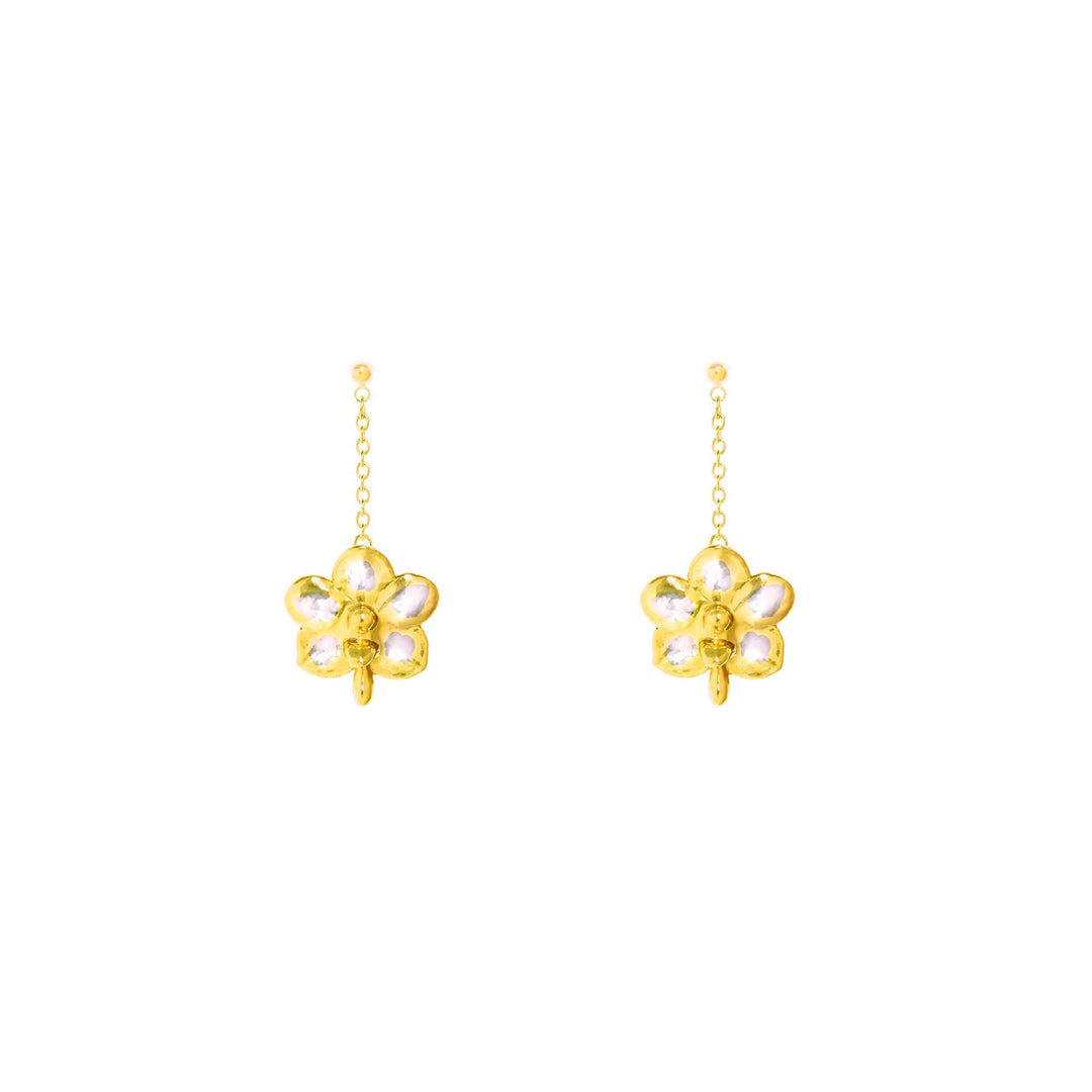 Risis Ascocenda Sagarik Gold Orchid Dangling Earrings (PG) - A pair of dangle earrings, each featuring a gold flower with translucent petals, suspended on a fine gold chain, simplistic and elegant in design.