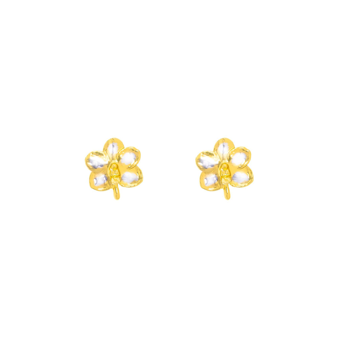 Risis Ascocenda Sagarik Gold Orchid Earrings (PG) - A pair of golden earrings, each designed as a five-petaled flower with iridescent pearl-like centers, shimmer against a plain backdrop.