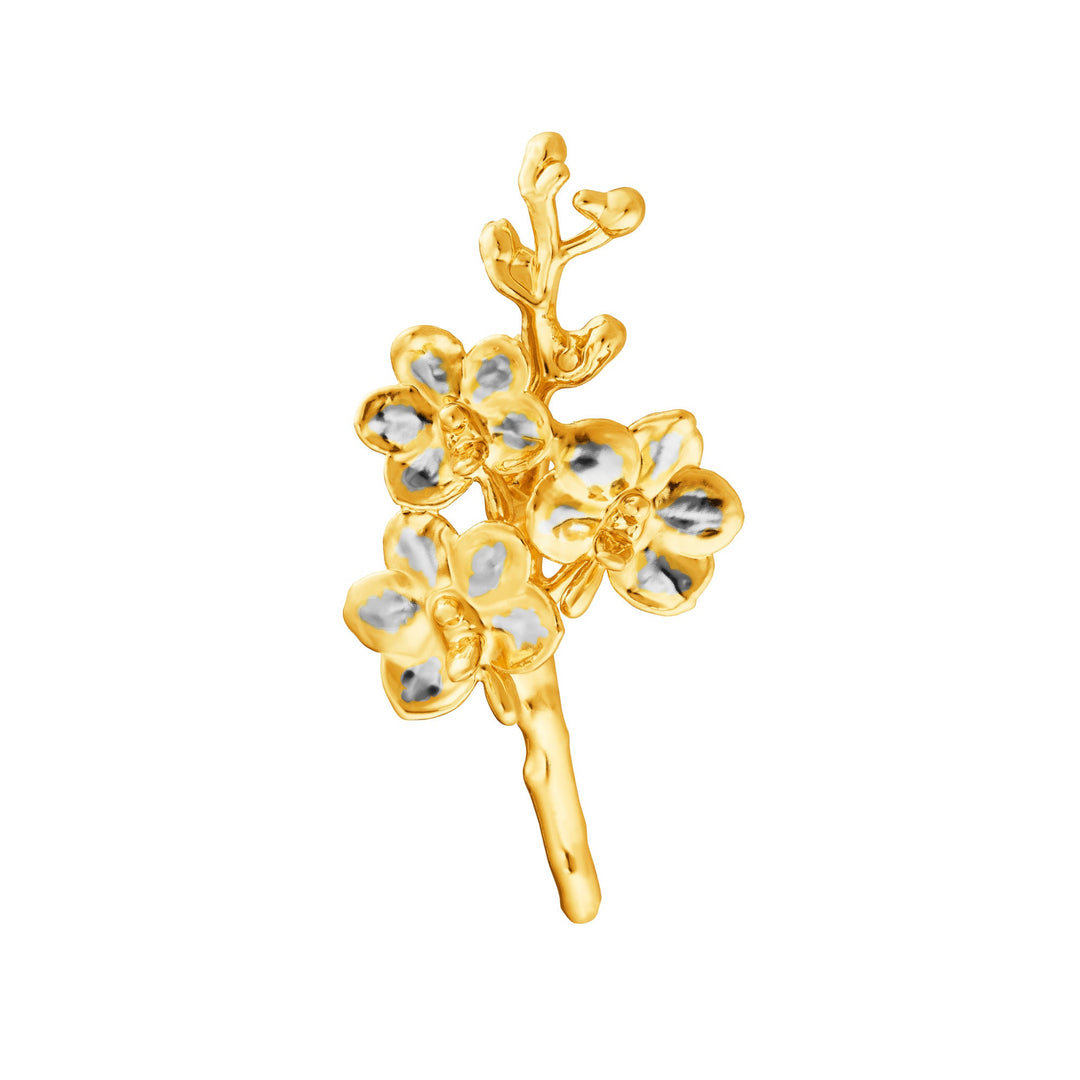 Risis Ascocenda Sagarik Gold Orchid Spray Brooch (PG) - A golden brooch designed as a blossoming branch with translucent petals; intricate details give it a lifelike, delicate appearance.
