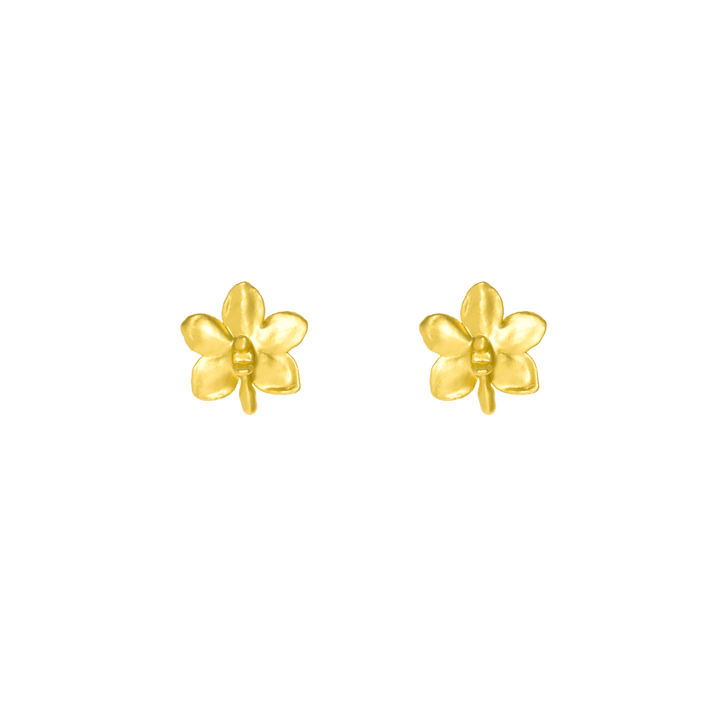 Risis Ascocenda Sagarik Gold Orchid Earrings (G) - A pair of golden, five-petaled flower earrings with a glossy finish and a prominent central detail, exuding simplicity and elegance.