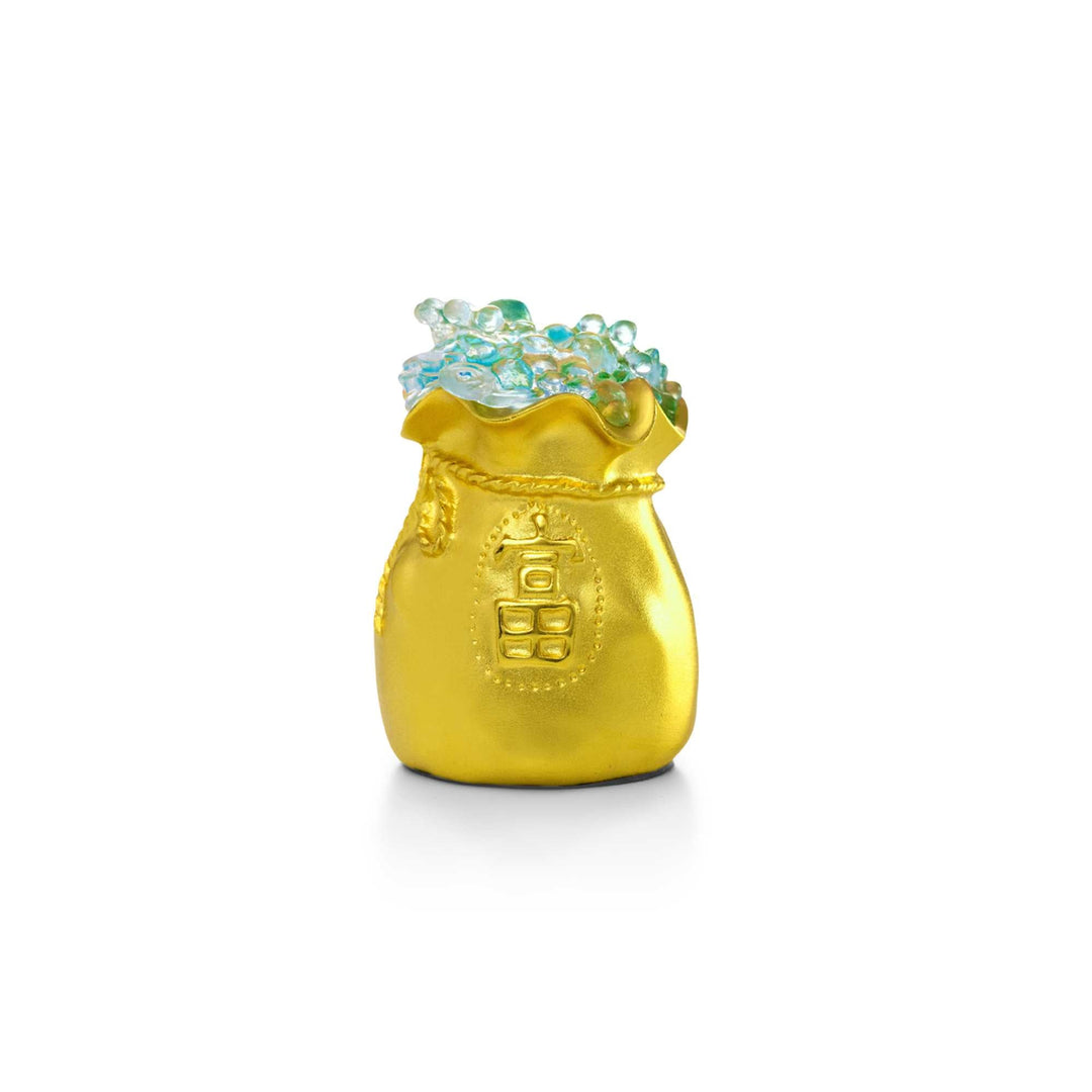 Risis Auspicious Fortune Bag with Liu Li - A golden pouch with a cinched top overflowing with sparkling blue and green jewels, creating a striking contrast with its shimmering metallic surface.