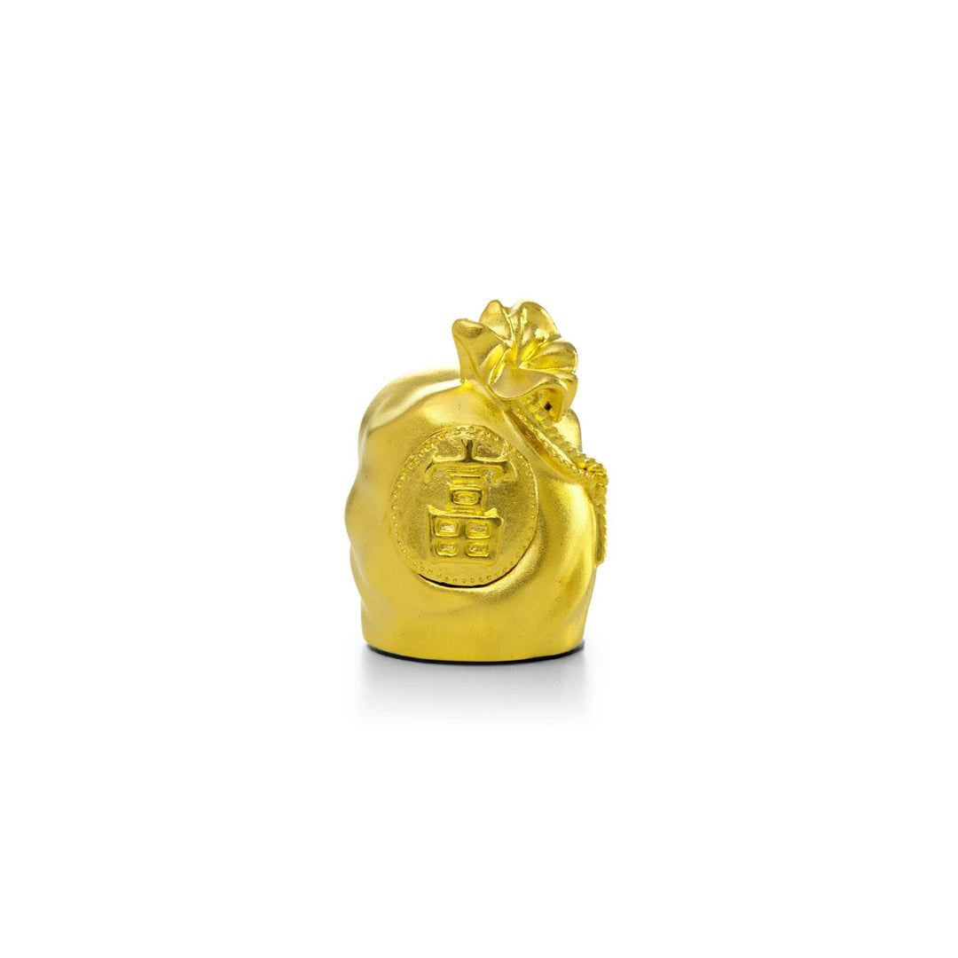 Risis Auspicious Gold Fortune Bag - A golden pouch with embossed Chinese characters, cinched at the top with a detailed knot and rope, symbolizing wealth and prosperity.