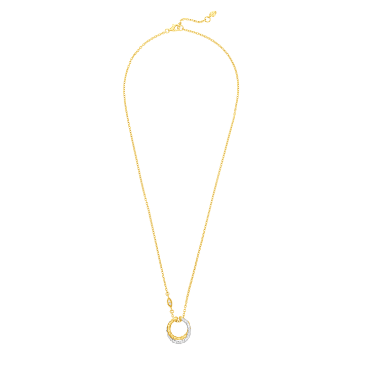Risis Bamboo Twist Necklace with White Sapphires - A golden necklace with a delicate chain features a circular pendant partially encrusted with small, gleaming stones creating a sparkling effect.