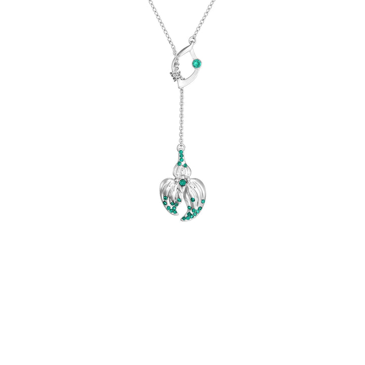 Risis Dazzle With Orchids Necklace - Masdevallia Inspired Orchid with Emerald (May) - A silver pendant showcasing a floral motif is accented with small, vibrant green gemstones, elegantly suspended on a delicate chain.