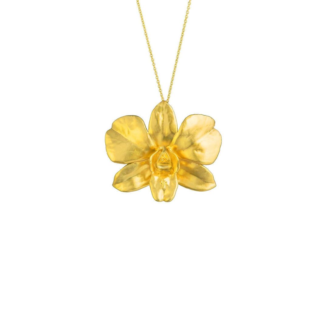 Risis Dendrobium Eleanor Chan Orchid Necklace (G) - A golden pendant shaped like a delicate flower, with a translucent appearance, hangs from a thin gold chain.