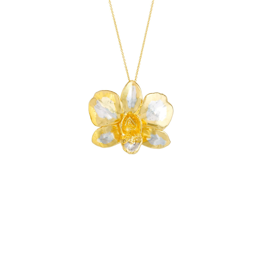 Risis Dendrobium Eleanor Chan Orchid Necklace (PG) - A gold necklace with a pendant shaped like a five-petaled flower, featuring translucent yellow and white hues.