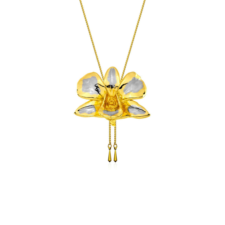 Risis Dendrobium Tay Swee Keng Orchid Slider Necklace (PG) - A golden necklace with a pendant resembling a five-petaled flower, adorned with yellow and silver tones, and two dangling golden elements.