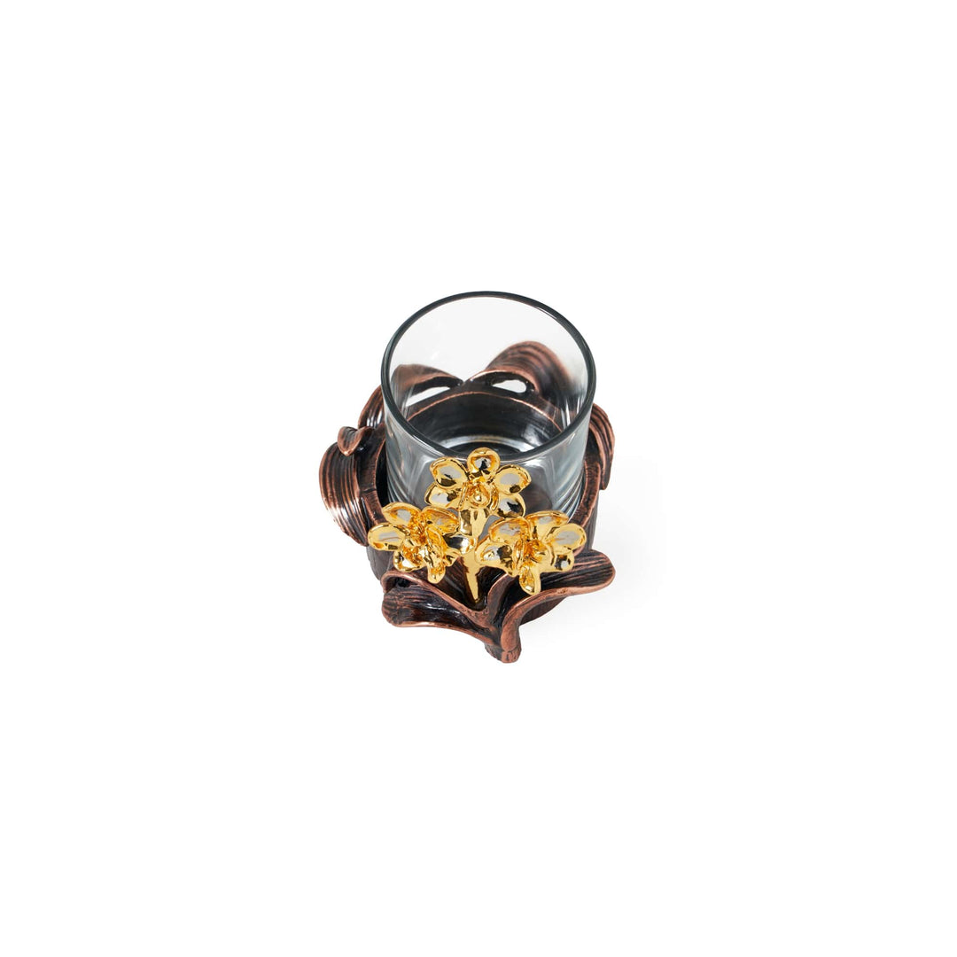Risis Doritaenopsis Orchid Holder - A bracelet with an intricate design featuring copper tones, a glass centerpiece, and ornamental flowers in a shimmering gold hue.