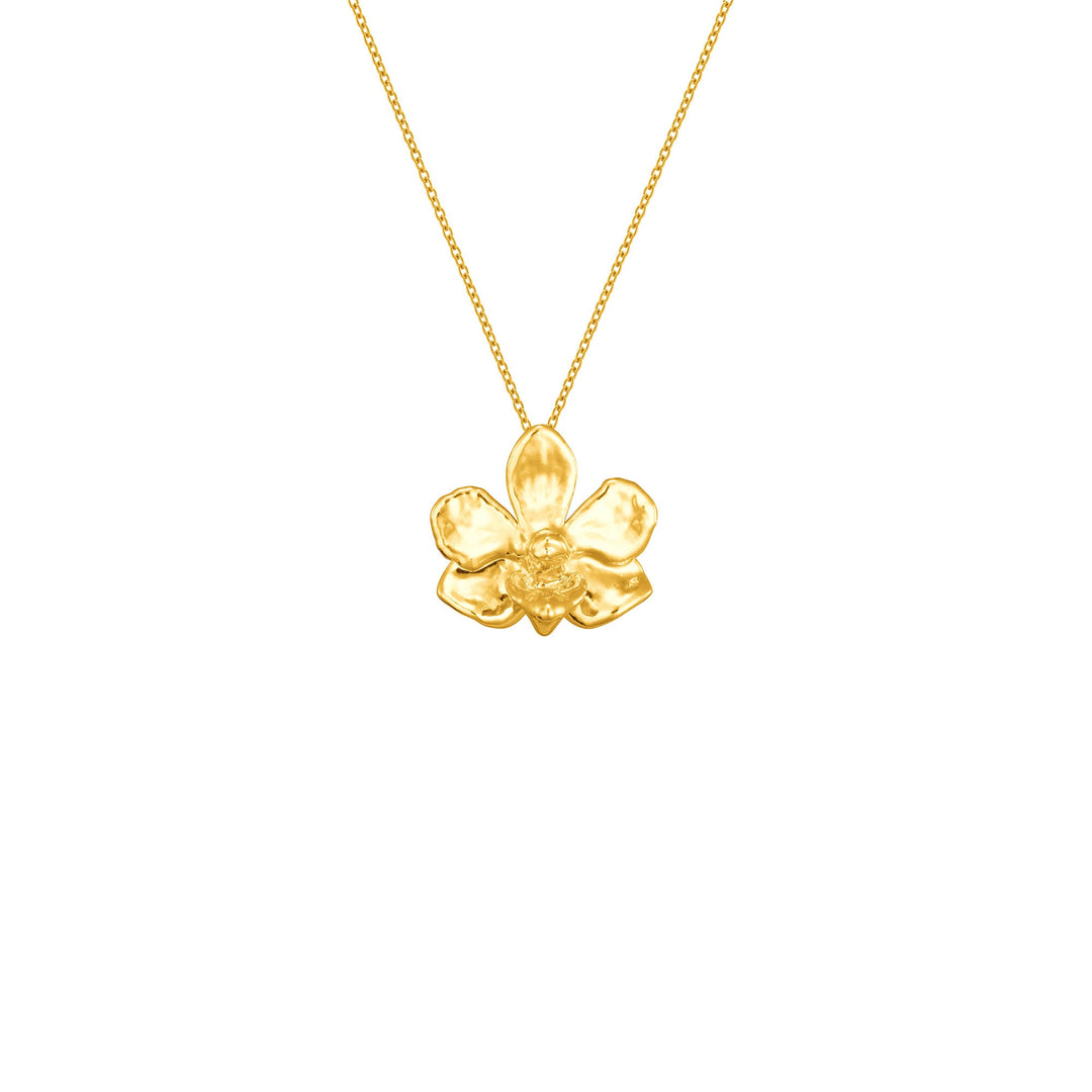 Risis Doritaenopsis Pulcherima Orchid Necklace (G) - A golden necklace with a glossy five-petal flower pendant, reflecting light with subtle curves and texture, hangs suspended against a blank space.