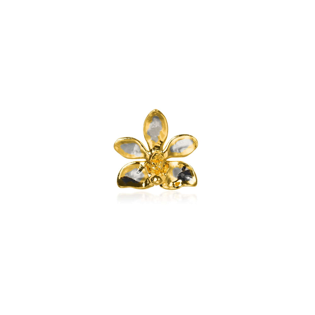 Risis Doritaenopsis Summer Red Orchid Brooch/Pendant (PG) - A golden, petal-shaped jewelry piece resembling a flower with silver accents, reflecting light and casting gentle shadows, isolated against a plain backdrop.