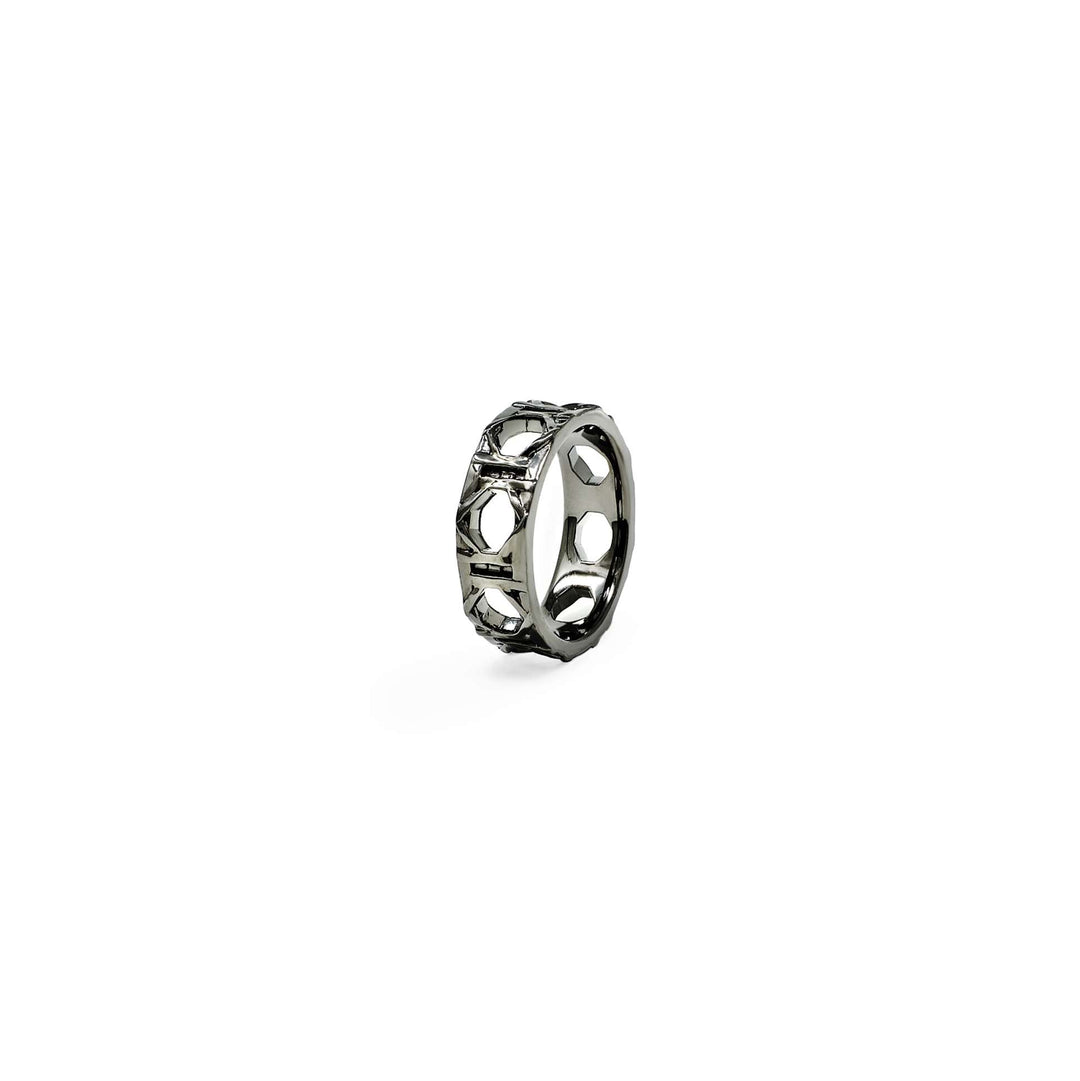 Risis Entwined Rattan Ring (BRH) - A silver ring featuring an intricate, openwork design with geometric patterns and an overall circular shape, creating an elegant and symmetrical appearance.