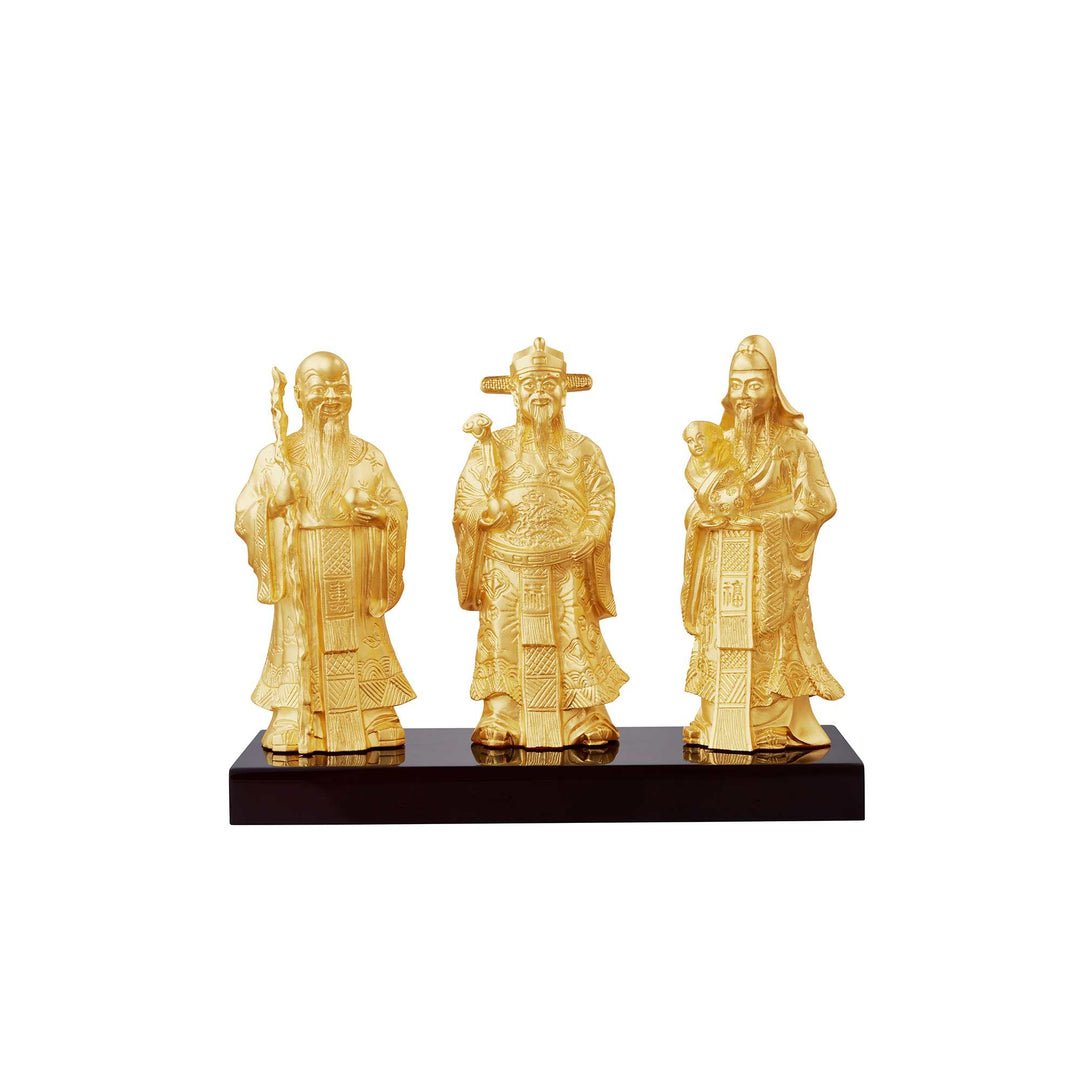 Risis Fu Lu Shou 6-inch - Three golden statues of ancient Chinese figures standing side by side on a dark base, with intricate clothing patterns and serene expressions.
