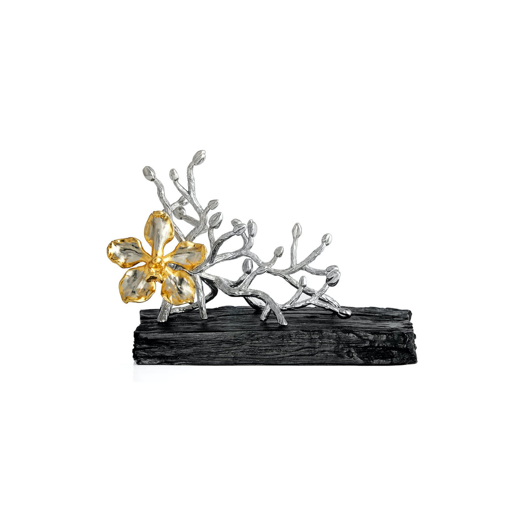 Risis Garden Odyssey Groves Pen and Name Card Holder - A metallic sculpture features a branching structure with a single, prominent amber-colored flower resting on a black-textured base, conveying artistic craftsmanship.