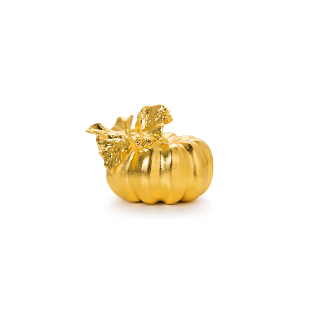 Risis Golden Harvest Pumpkin - A small, shiny gold pumpkin with smooth curves and a textured stem, exuding a luxurious decorative appeal.