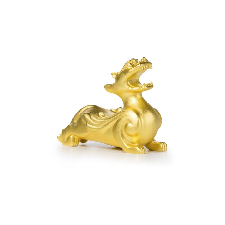 Risis Golden Miniature Pixiu - A golden, stylized dragon sculpture with flowing lines and an open-jawed, roaring pose, artfully crafted to convey movement and power.
