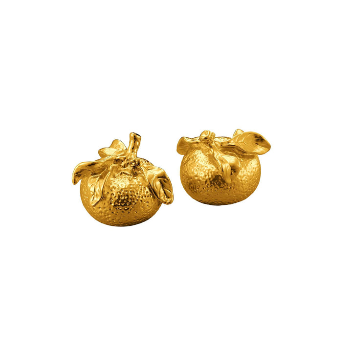 Risis Golden Tangerines - Two golden pomegranate-shaped earrings with a textured surface and shiny finish, featuring leafy stems as detail.