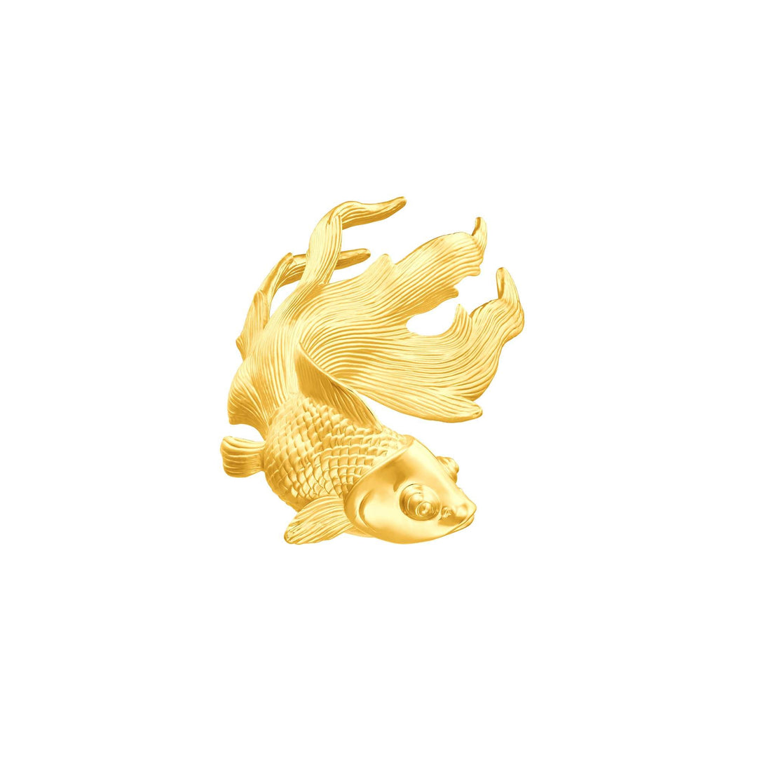 Risis Goldfish - Left (G) - A golden sculptural ornament depicting a dynamic fish with intricate scales and flowing fins, crafted with attention to detail, conveying movement.