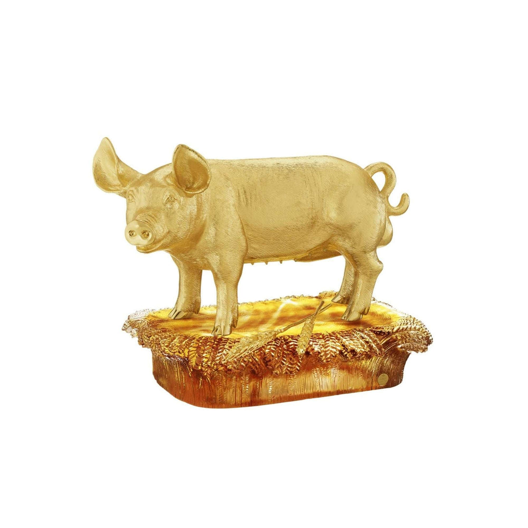 Risis Harvest Pig - A golden pig sculpture standing on a textured base, depicted in a realistic yet stylized form with a lustrous finish, rendering an artistic and decorative quality.