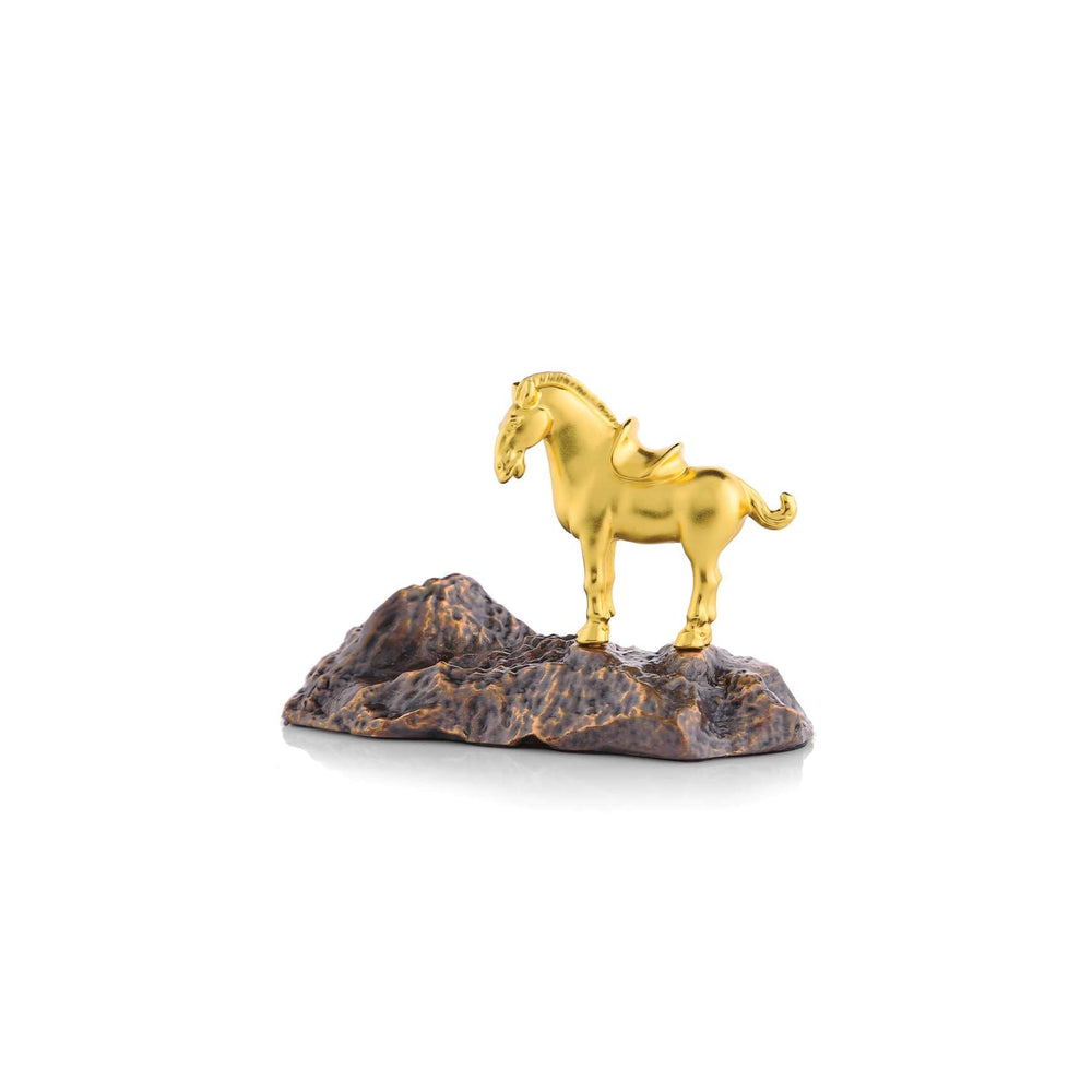 Risis Imperial Horse Figurine Name Card Holder - A golden horse sculpture stands on a textured bronze base, depicted in mid-stride with a flowing mane, showcasing elegance and a polished finish.