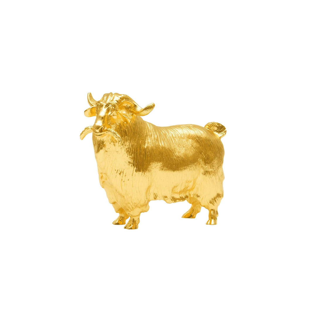 Risis Legend of XII - Goat - A golden sculpture of a robust, bearded goat with detailed fur texture, prominent curved horns, and a serene expression on an isolated background.