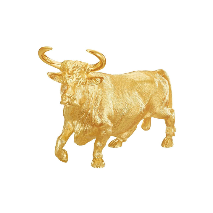 Risis Legend of XII - Ox - A golden sculpture of a bull, textured and detailed, with prominent horns and a muscular build, radiates a sense of strength and opulence.