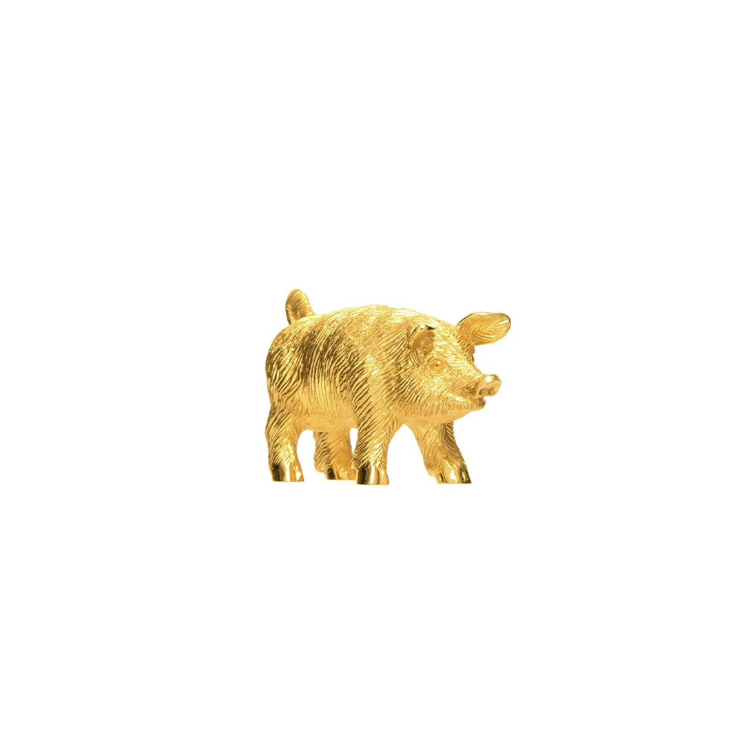 Risis Mini Orientals - Pig - A small golden statue of a pig with a textured surface, capturing light and showcasing its detailed features.