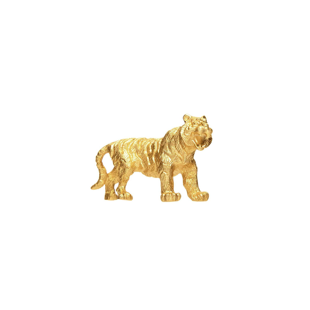 Risis Mini Orientals - Tiger - A gold-colored, metallic tiger figurine stands, featuring intricate textures that suggest fur and musculature, captured in mid-stride with a detailed, alert facial expression.