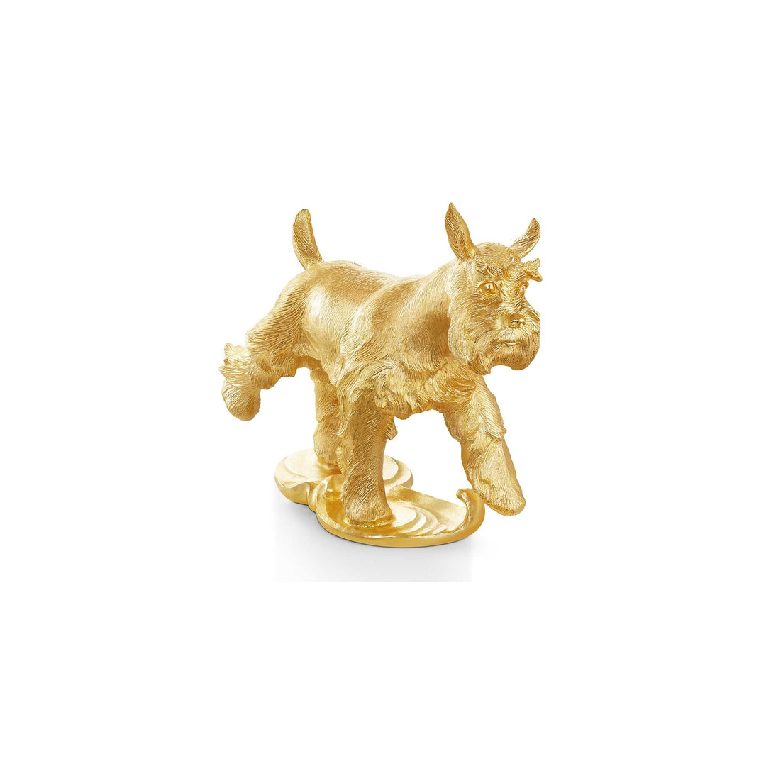 Risis Miracle Dog - A golden sculpture of a dog in mid-step with textured fur detail, elevated on a glossy, swirled base, conveying a sense of motion and elegance.
