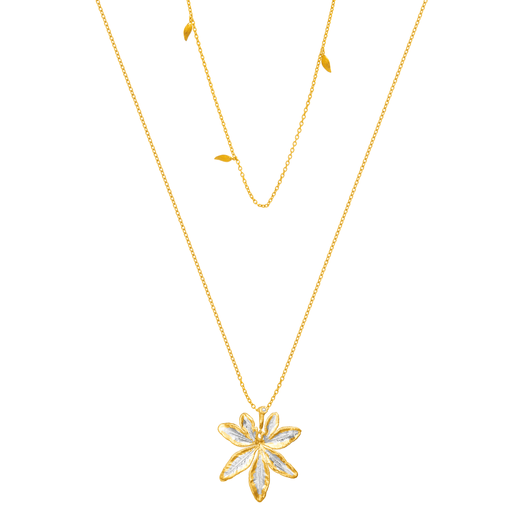Risis Morning Glory Leaf Necklace with Aquamarine and Topaz - A gold necklace with a delicate chain and a central pendant shaped like a stylized, symmetrical flower with shimmering petals, complemented by small leaf-shaped embellishments along the chain.