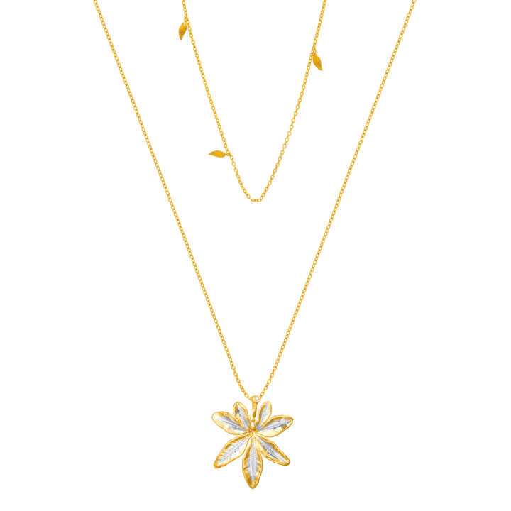 Risis Morning Glory Leaf Necklace with Aquamarine and Topaz - A gold necklace with a delicate chain and a central pendant shaped like a stylized, symmetrical flower with shimmering petals, complemented by small leaf-shaped embellishments along the chain.