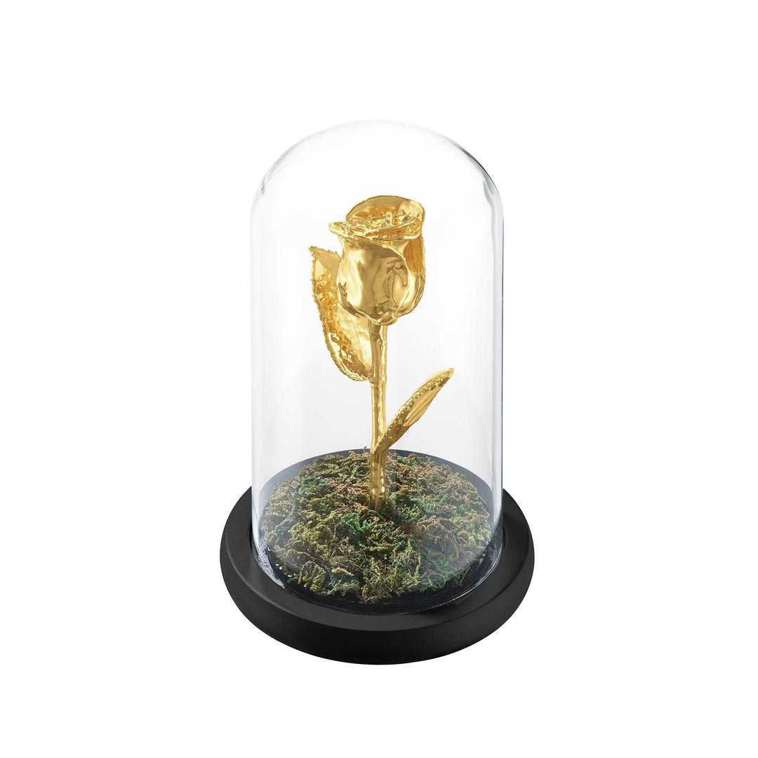 Risis Natural Rose Dome (G) - A golden rose with detailed petals and leaves is encased in a transparent dome, set upon a dark base with a mossy texture.