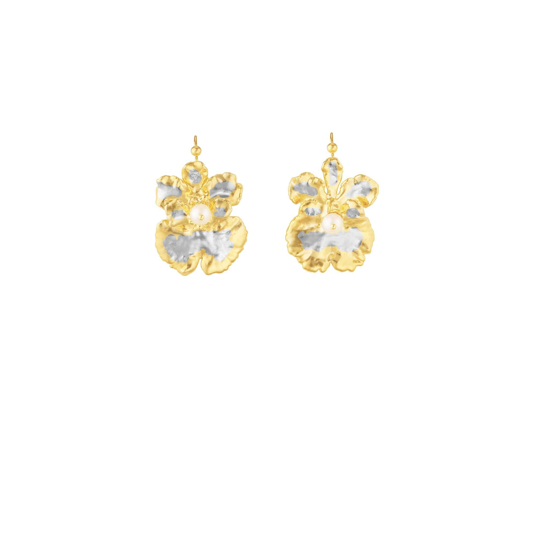 Risis Oncidium Coco Drop Earrings (PG) - A pair of gold-tone earrings, each with a floral design featuring white and gold petals, and a pearly centerpiece, dangling from a simple hook.