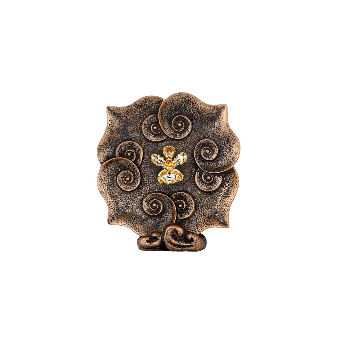 Risis Oncidium Mary Saporita Ruyi Plate - An antique bronze brooch with floral-inspired swirls, featuring a central, sparkling golden embellishment with clear and yellow gemstones.