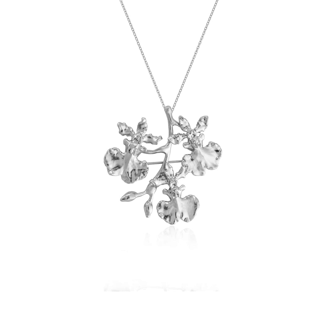 Risis Oncidium Shower Spray Brooch/Pendant (PD) - A silver pendant shaped like an orchid with multiple flowers dangles from a delicate chain, showcasing a lustrous finish and intricate petal details.
