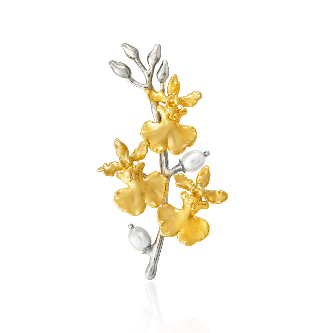 Risis Oncidium Symphony Necklace with Pearls - An elegant brooch designed as a silver and gold branch embellished with golden flowers and white pearl accents, creating an artistic and naturalistic piece of jewelry.
